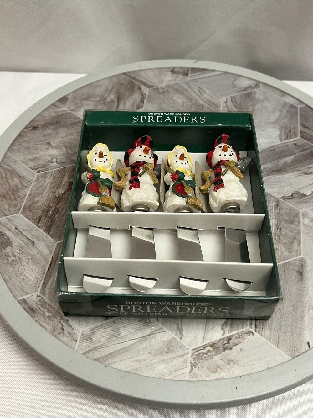 Vintage 1997 Boston Warehouse Folk Snowman Spreaders Set of 4 Boxed